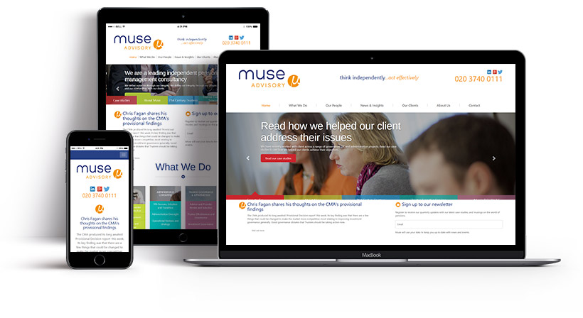 Screenshots showing the Muse Advisory homepage on multiple devices